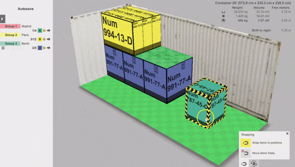 Short video showing the automatic snapping option deactivated when manually planning shipments in the EasyCargo load planning software