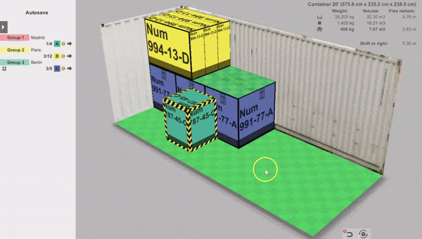 A short video showing the automatic cargo item snapping feature activated in the EasyCargo shipment planning software