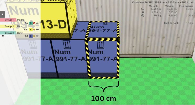 Picture displaying cargo space specifications and how they are displayed when manually planning shipments in the EasyCargo load planning program